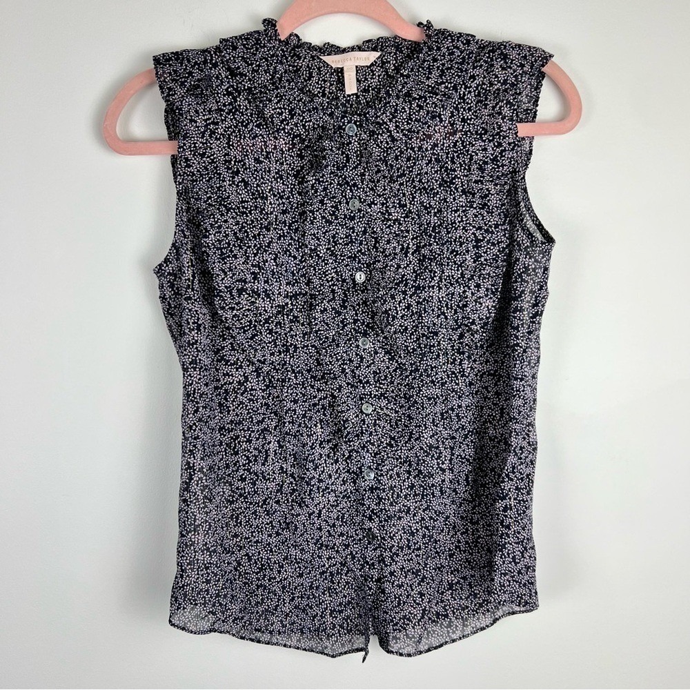 Rebecca Taylor Metallic Lurex Silk Blend Ruffle Blouse Navy Size 00 - Picture 2 of 13